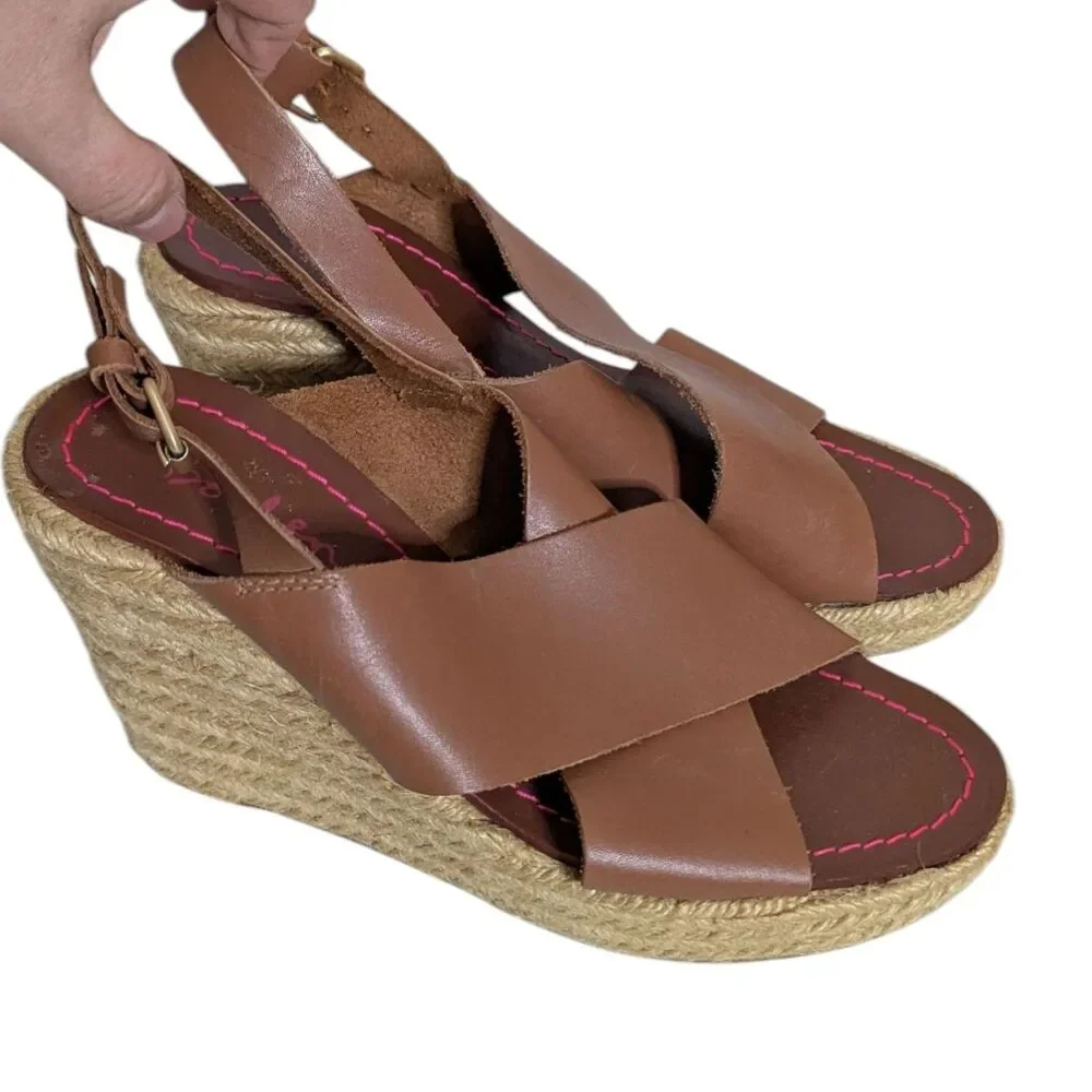 Boden Size 37 US 7 Brown Crossover Rope Platform Wedge Leather Espadrille Sandal
